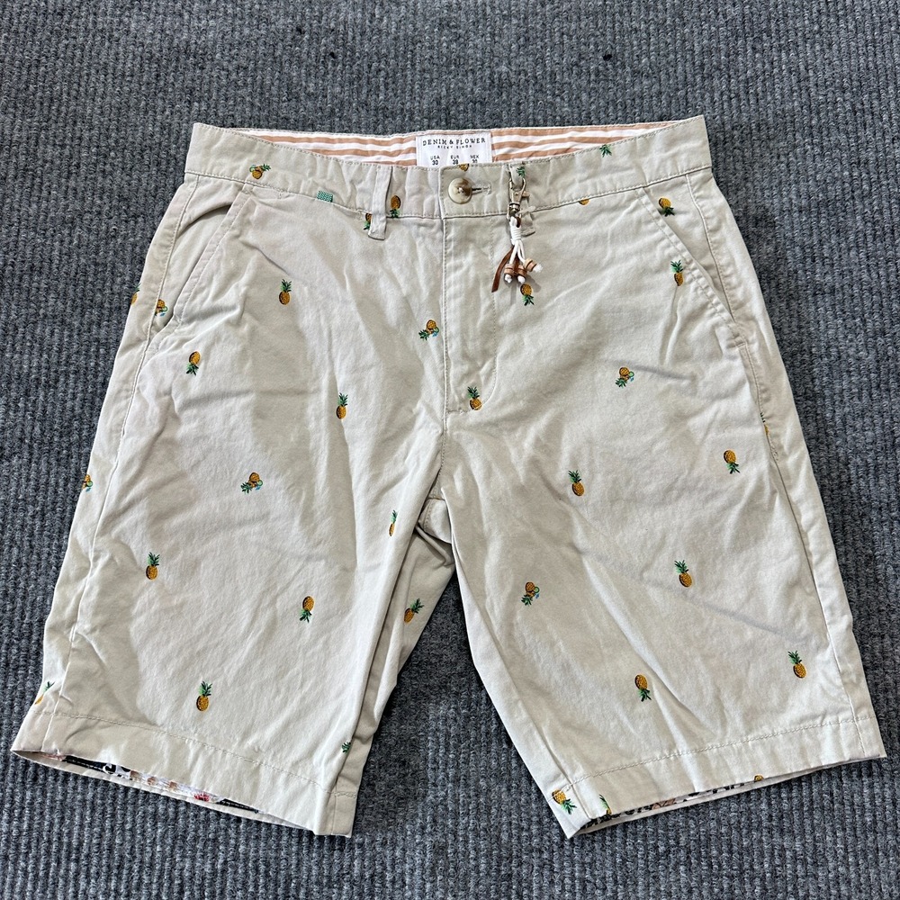 Denim‎ & Flower Ricky Singh Mens Khaki Chino Shorts Size 30 Pineapple All Over